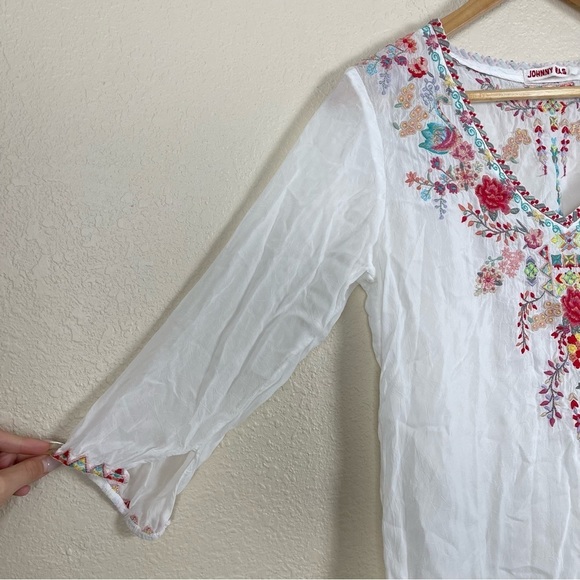 Johnny Was Floral Embroidered Tunic Blouse White Boho Peasant Cottagecore Sheer - Picture 3 of 12